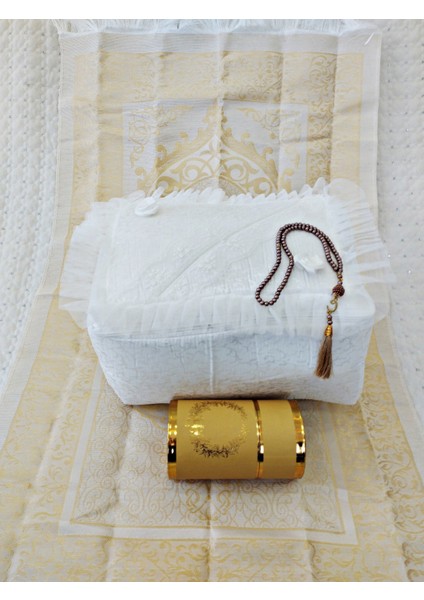 Dilex4 Parça Bohça Gelin Damat Hediye Çeyiz Bohça Tafta Saçaklı Kutu Seccade Set Gold Beyaz