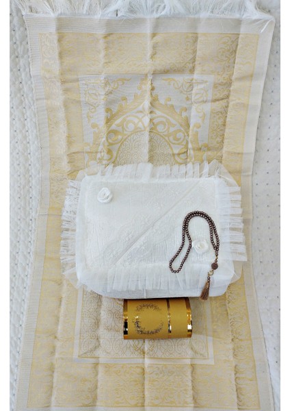 Dilex4 Parça Bohça Gelin Damat Hediye Çeyiz Bohça Tafta Saçaklı Kutu Seccade Set Gold Beyaz modelleri