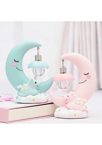 Dekoratif Ay Dede ve Minik Unicorn Temalı Masa Lambası ve Biblo