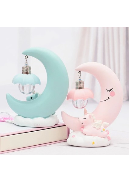 Dekoratif Ay Dede ve Minik Unicorn Temalı Masa Lambası ve Biblo