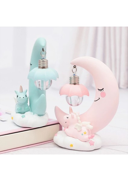 Dekoratif Ay Dede ve Minik Unicorn Temalı Masa Lambası ve Biblo