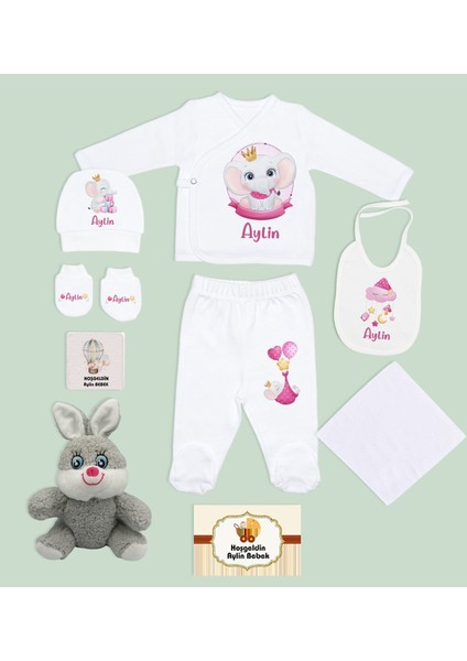 Kids Kişiye Özel Beyaz Hastane Çıkışı, Tavşan Pelüş Oyuncak, Yeni Doğan Bebek Giyim Hediyesi, 9 Parça Bebek Hediye Seti-2