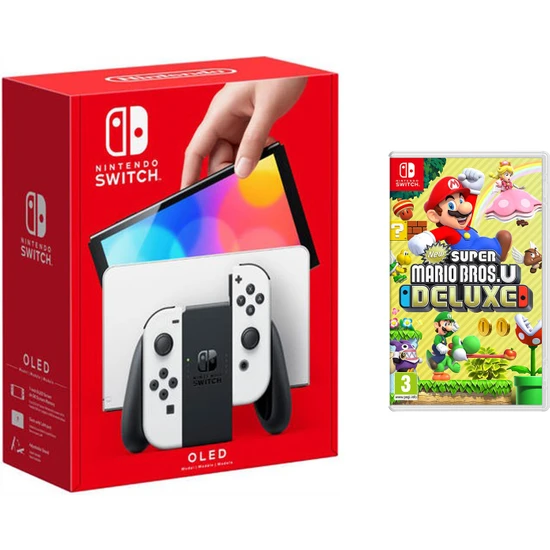 Nintendo Switch OLED Beyaz Yeni Nesil Konsol 64GB +New Super Mario Bros U Deluxe Oyunlu Bundle
