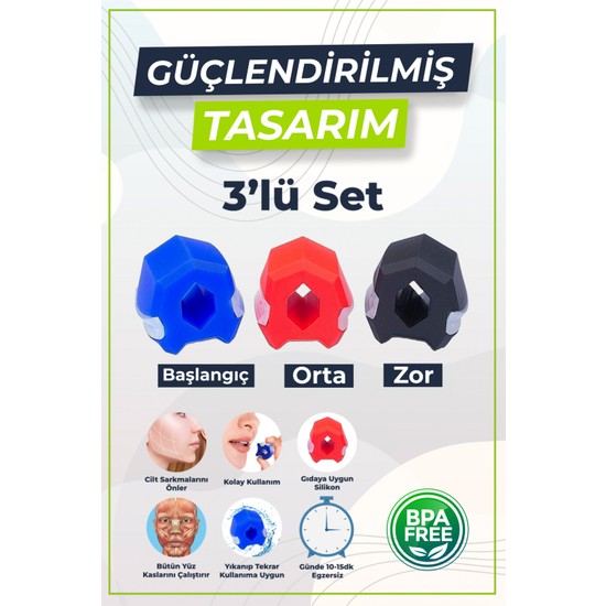Markanyon Jawline Çene Egzersiz Topu 3'lü Set - Başlangıç - Orta - Zor
