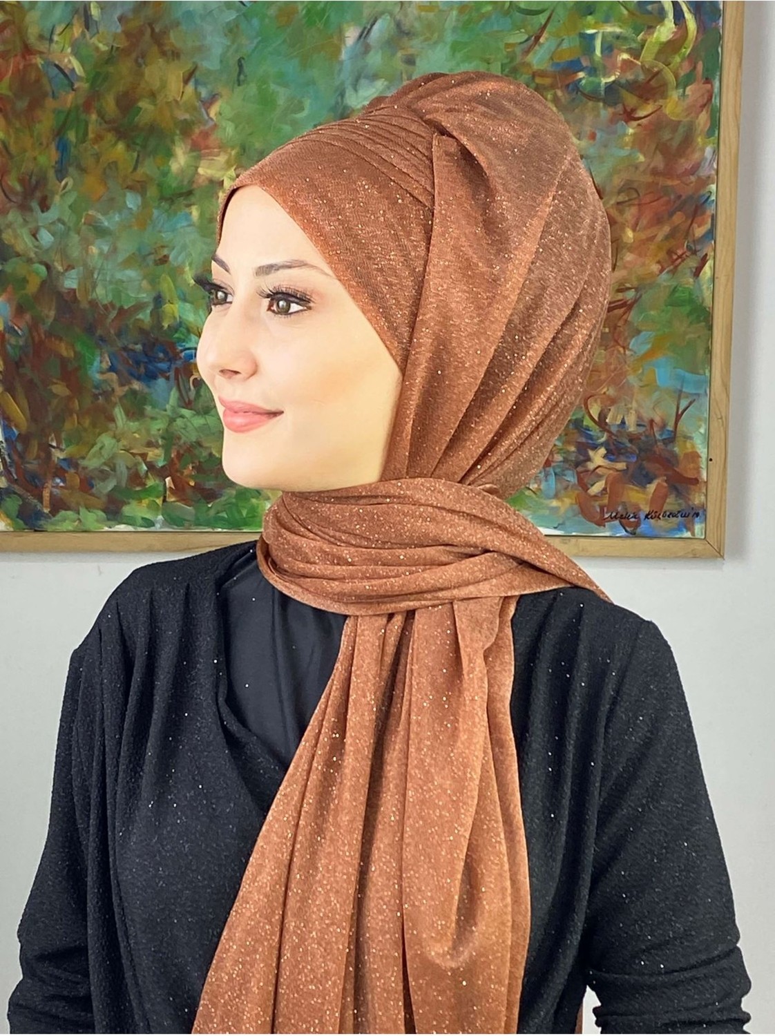 Butik Ambar Saray Model Bakır Simli Yan Drapeli Şal görsel 3