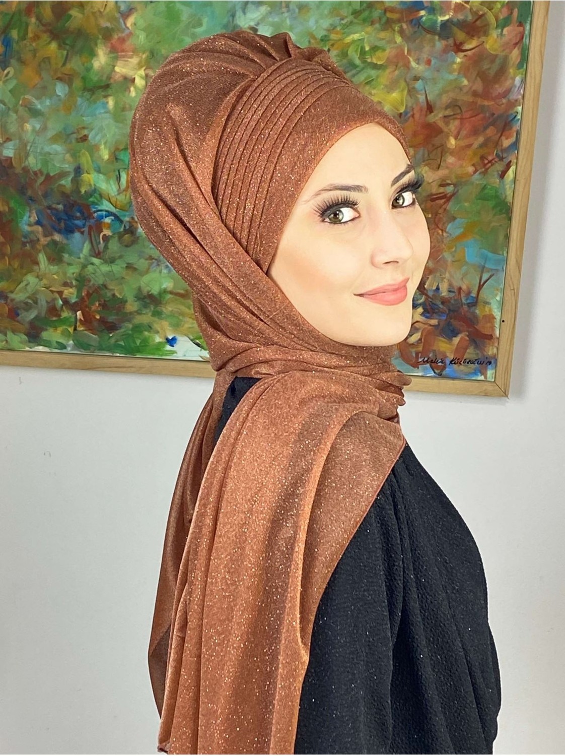 Butik Ambar Saray Model Bakır Simli Yan Drapeli Şal görsel 5