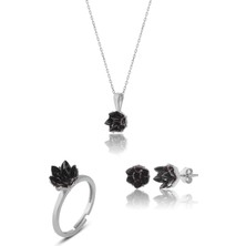 Zanaat Silver 925 Ayar Gümüş Siyah Taşlı Lotus Çiçeği Takım & Seti
