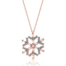 Zanaat Silver 925 Ayar Gümüş Zincirli Turkuaz Taş Rose Kaplama Kar Tanesi Baget Taşlı Kolye