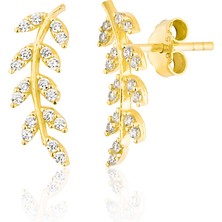 Zanaat Silver 925 Ayar Gümüş, Zirkon Taşlı 14K Altın Kaplama Yaprak Modeli Küpe