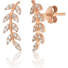Zanaat Silver 925 Ayar Gümüş, Zirkon Taşlı Rose Kaplama Yaprak Modeli Küpe