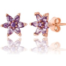 Zanaat Silver 925 Ayar Gümüş Rose Kaplama Ametist Taşlı Nilüfer Çiçeği Küpe