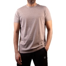 Kahverengi Basic Düz Tişört Bisiklet Yaka Regular Fit Tshirt Erkek Pamuklu Bej Melanj-Nakişli Q Logo