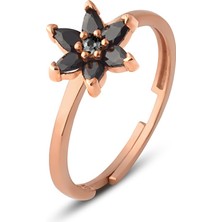 Zanaat Silver Gümüş, Siyah Taşlı Rose Kaplama Ayarlanabilir Nilüfer Çiçeği Yüzük