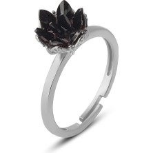 Zanaat Silver 925 Ayar Gümüş, Siyah Taşlı Rodyum Kaplama Ayarlanır Lotus Çiçeği Yüzük