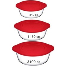 Paşabahçe 3'Lü Borcam Kırmızı Kapaklı Saklama Kabı Seti 2100cc 1450cc 840cc Kapaklı Tencere Çeyiz S