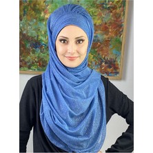 Butik Ambar Saray Model Mavi Simli Yan Drapeli Şal