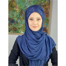 Butik Ambar Sultan Model Lacivert Simli Şifon Büzgülü Şal
