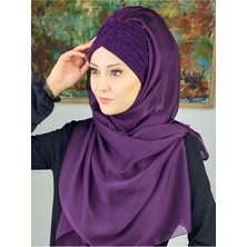 Butik Ambar Sultan Model Mor Fransız Şifon Büzgülü Şal