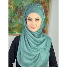 Butik Ambar Top Kapı Su Yeşili Simli Çapraz Drapeli Hazır Şal