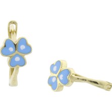 İryum Mavi Kalp Yonca Klispli Altın Çocuk Küpe