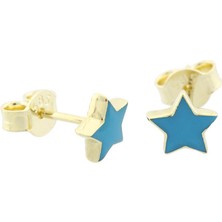 İryum Mavi Yıldız Çivili Altın Çocuk Küpesi