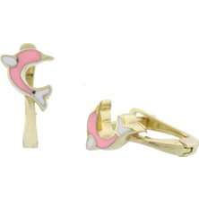 İryum Pembe Yunus Klipsli Altın Çocuk Küpe