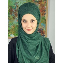 Butik Ambar Topkapı Yakut Yeşili Simli Çapraz Drapeli Hazır Şal