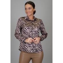 Sweetness Kadın Siyah Bej  Zebra Desenli Likralı Saten Uzun Kol Abiye Gömlek Dk 1005
