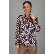 Sweetness Kadın Siyah Bej  Zebra Desenli Likralı Saten Uzun Kol Abiye Gömlek Dk 1005