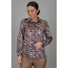 Sweetness Kadın Siyah Bej  Zebra Desenli Likralı Saten Uzun Kol Abiye Gömlek Dk 1005