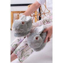 Slipcat Gri Peluş Tavşan Figürlü Unisex Panduf Kadınlar İçin Yumuşak EVA Tabanlı
