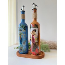 Mes Reves Design Özel Tasarım Kadın Figürlü Ahşap Stantlı 2'li 750 ml Zeytinyağı Sıvıyağ Şişesi Yağdanlık Yağlık