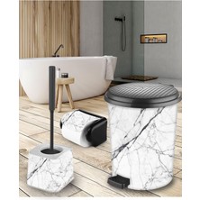 Elif Beyaz 7 Lt Çöp Kovası+Tuvalet Fırçası+Tuvalet Kağıtlığı Plastik Mermer Desenli Banyo Seti