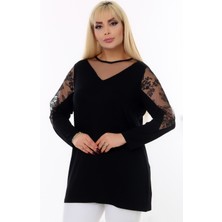 Kheos Yuvarlak Yaka Göğüs ve Omzu Tül Detay Uzun Kol Esnek Şık ve Cool Likralı Büyük Beden Bluz