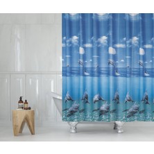 Mavi Yunus Desen Banyo Perdesi-Mavi Renk Duş Perdesi, 180X200 cm Küvet Perdesi