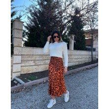 Nur Sönmez Fashion Leopar Turuncu Saten Etek