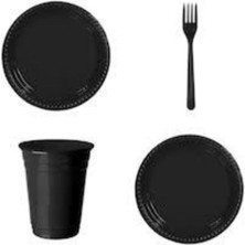 EC Shop Confetti Parti Siyah Plastik Tabak Bardak Çatal Seti - Lüx Plastik 25 Kişilik Doğum Günü Set -