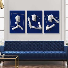 SML Tablo Kabartma Efektli Altın Geometrik Çerçeve Lacivert Fon Dekoratif Kanvas Tablo