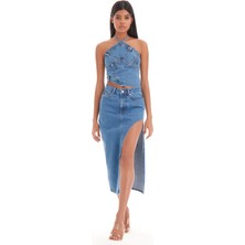 Its Basic Kadın Mavi Kot Rengi Yandan Derin Yırtmaç Detaylı Uzun Denim Etek