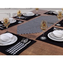 Tropik Home 6'lı Siyah Supla Takımı Amerikan Servis Supla ve Runner Seti 6 Kişilik Ekose Desen ve Masa Sunum Set