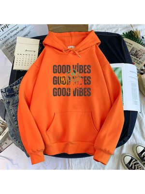 Touz Moda  Good Vibes Baskılı Turuncu Unisex Kapüşonlu Oversize Sweatshirt Hoodie