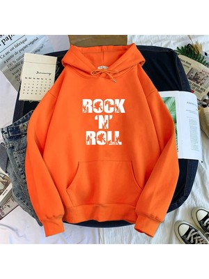 Touz Moda Rock 'n' Roll Baskılı Turuncu Unisex Kapüşonlu Oversize Sweatshirt Hoodie