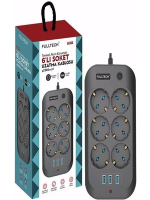 Fulltech 6 Priz 3xusb 10A 2 Mt Kablo 2500W Akım Korumalı Priz Ftr-11 8551
