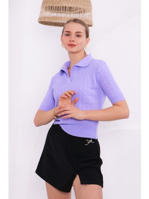 Trendke Polo Yaka Saçörgü Kısa Kol Trend Model Triko Kazak