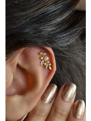 Incili Yaprak Kıkırdak Küpesi Gold Renk