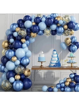 Parti Sürprizi Doğum Günü Balon Zincir Seti Mavi, Lacivert, Metalik Gold, Şeffaf 65 Adet Balon