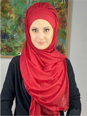Butik Ambar Saray Model Kırmızı Simli Yan Drapeli Şal