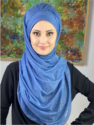 Butik Ambar Saray Model Mavi Simli Yan Drapeli Şal