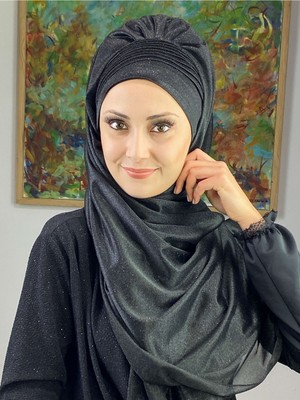 Butik Ambar Saray Model Siyah Simli Yan Drapeli Şal