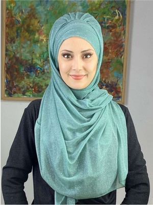 Butik Ambar Saray Model Su Yeşili Simli Yan Drapeli Şal
